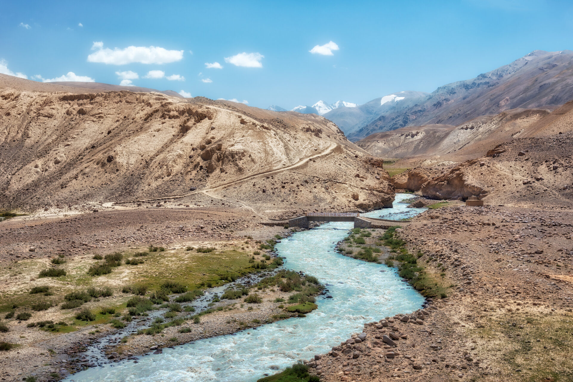 Glacier River flowing down the Wakhan Corridor in Afghanistan, taken from Tajikistan in August 2018 taken in hdr